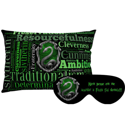 Kit Harry Potter personalizado: almofada retangular e máscara de dormir, estampa sonserina.