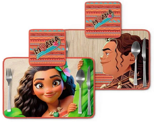 Jogo americano Moana, verde com maui, com porta-prato e porta-copo.
