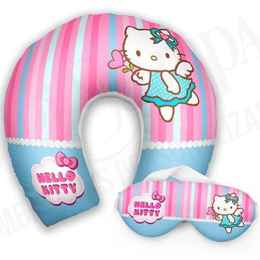 Kit infantil Hello Kitty: almofada de pescoço e máscara de dormir personalizadas, estampa listras.