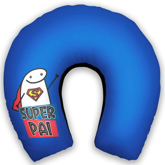 Almofada de pescoço adulto personalizada: fundo azul e personagem com capa vermelha.