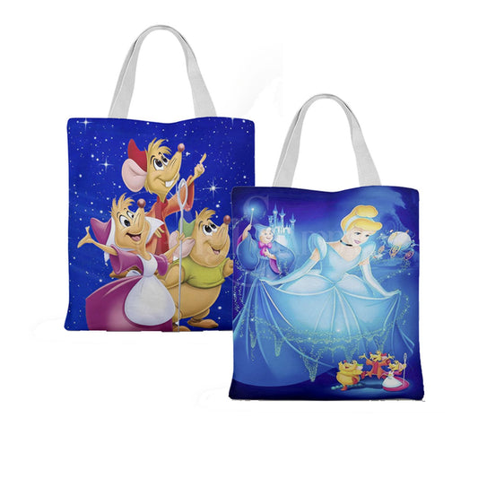 Ecobag personalizada Cinderela: azul com fada madrinha, com alças.