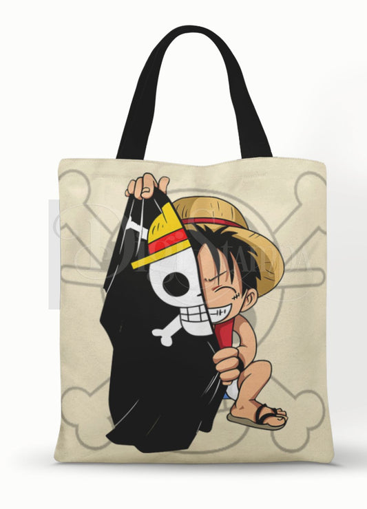 Ecobag personalizada One Piece: bege com luffy e caveira, com alças.