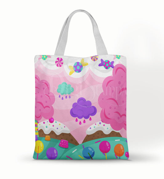 Ecobag personalizada Confeitaria: rosa com algodão-doce, com alças.