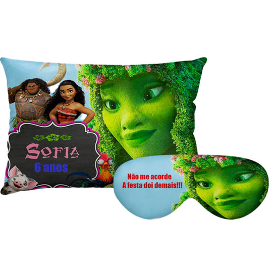 Kit Moana personalizado: almofada retangular e máscara de dormir, estampa verde.