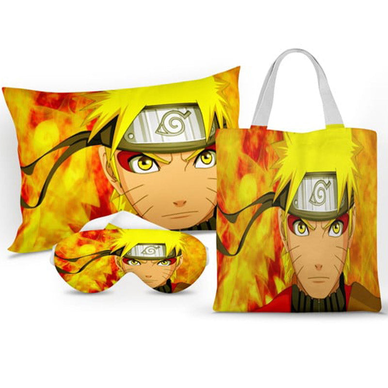 Kit Naruto personalizado: almofada 20x30 cm, ecobag 25x32 cm e máscara de dormir, estampa amarelo.