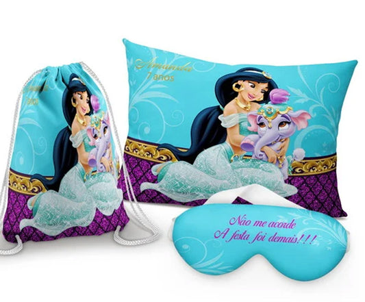 Kit Jasmine, turquesa com flores, com almofada, sacochila e máscara de dormir.