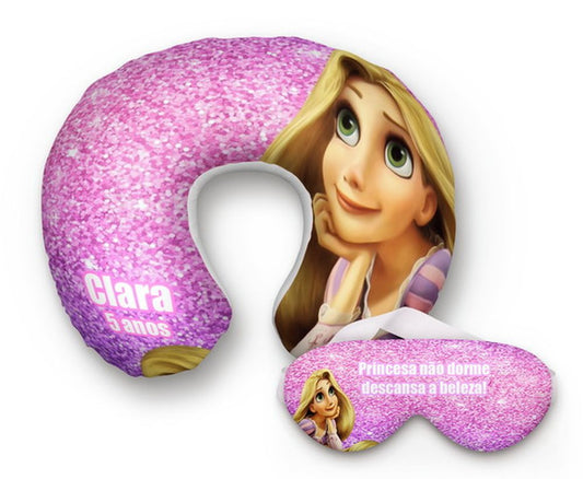 Kit infantil Rapunzel: almofada de pescoço e máscara de dormir personalizadas, estampa rosa.