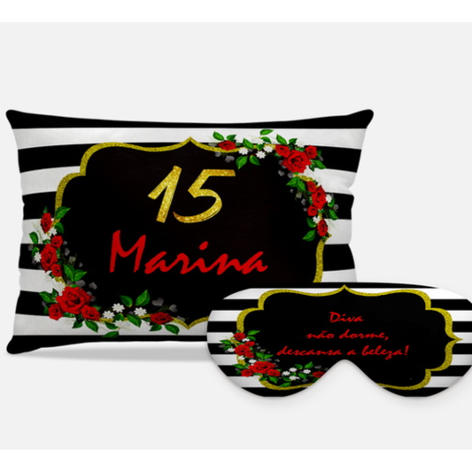 Kit 15 Anos personalizado: almofada retangular e máscara de dormir, estampa listras e flores.