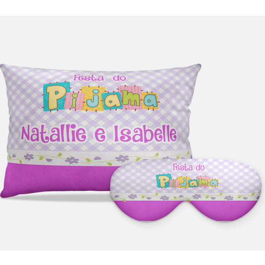 Kit Festa do Pijama personalizado: almofada retangular e máscara de dormir, estampa lilás e roxo.