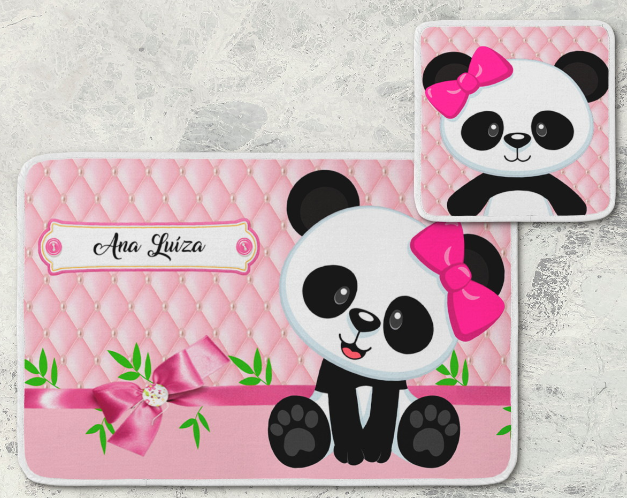 Jogo americano Panda, rosa com laço e flores, com porta-prato e porta-copo.