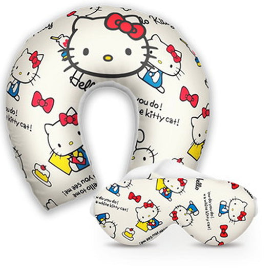 Kit infantil Hello Kitty: almofada de pescoço e máscara de dormir personalizadas, estampa branco.