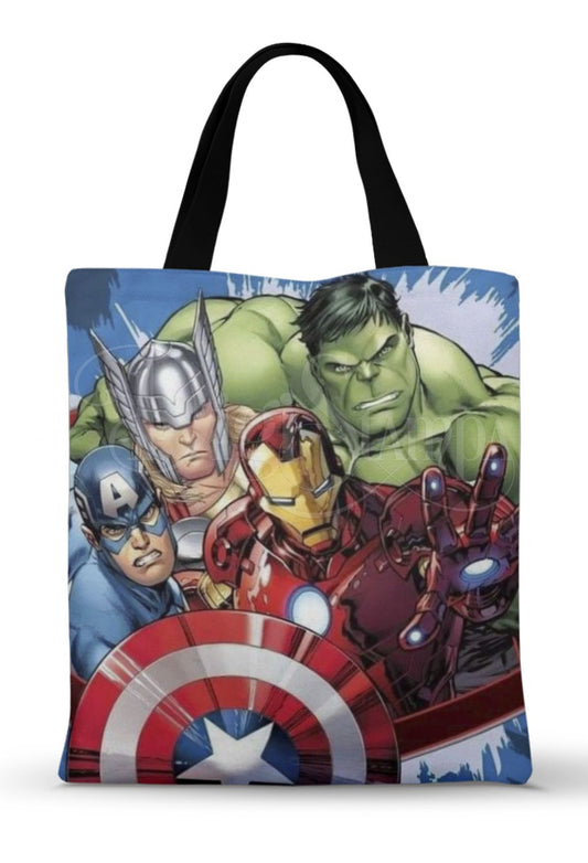 Ecobag personalizada Vingadores: heróis e escudo ilustrado, com alças.