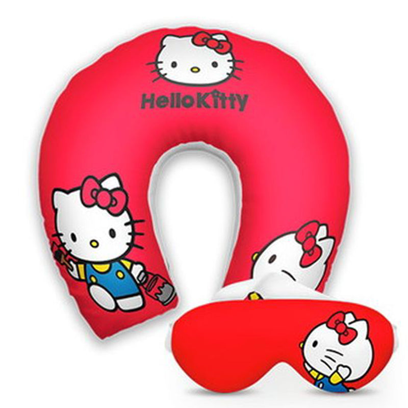 Kit infantil Hello Kitty: almofada de pescoço e máscara de dormir personalizadas, estampa vermelho.