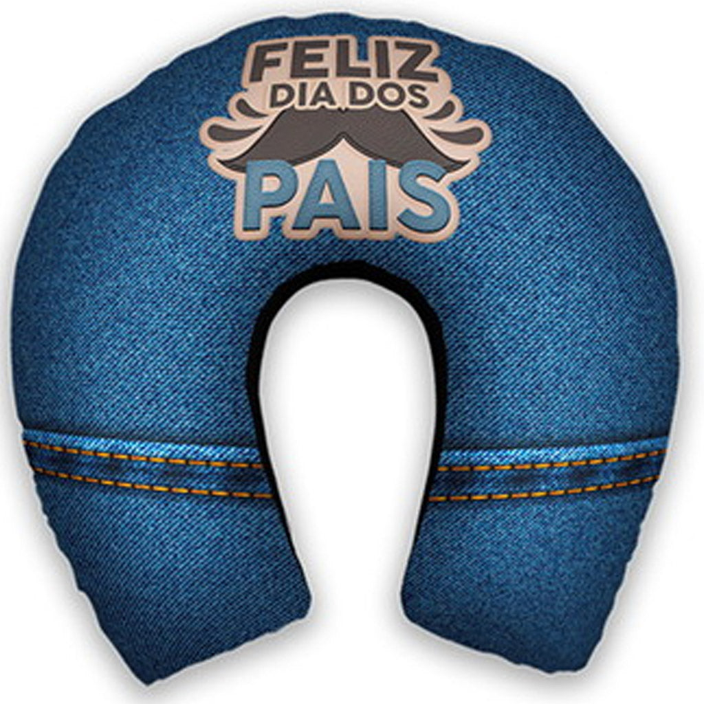 Almofada de pescoço adulto personalizada: estampa que imita jeans azul, faixa horizontal e frase.