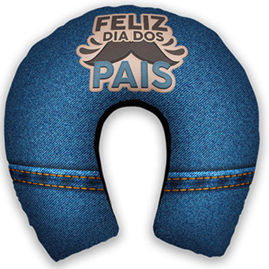 Almofada de pescoço adulto personalizada: estampa que imita jeans azul, faixa horizontal e frase.