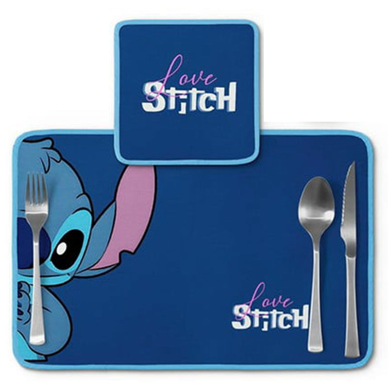 Jogo americano Stitch, azul com nome do personagem, com porta-prato e porta-copo.