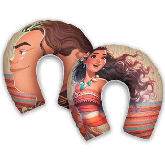 Almofada de pescoço infantil Moana: Moana e rosto da personagem, com faixas geométricas em vermelho e azul.