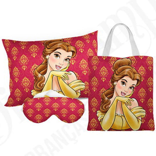 Kit Bela e Fera personalizado: almofada 20x30 cm, ecobag 25x32 cm e máscara de dormir, estampa vermelho.