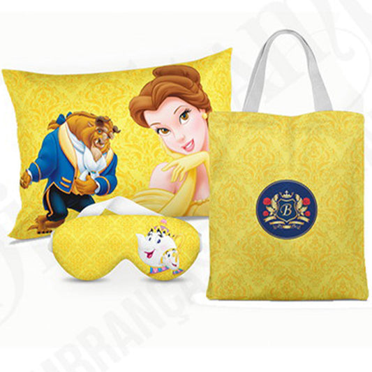 Kit Bela e Fera personalizado: almofada 20x30 cm, ecobag 25x32 cm e máscara de dormir, estampa amarelo.