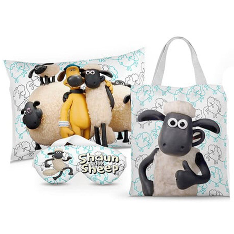 Kit Ovelha Shaun personalizado: almofada 20x30 cm, ecobag 25x32 cm e máscara de dormir, estampa cinza.