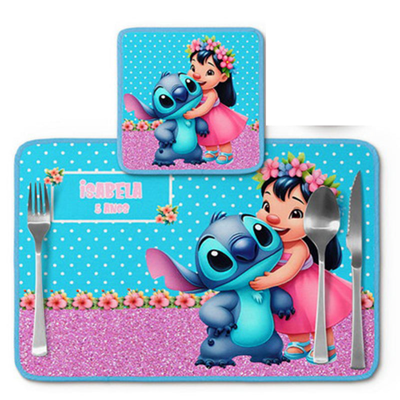Jogo americano Stitch e Lilo, azul com flores, com porta-prato e porta-copo.
