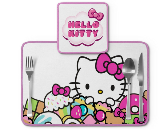 Jogo americano Hello Kitty, rosa com doces, com porta-prato e porta-copo.