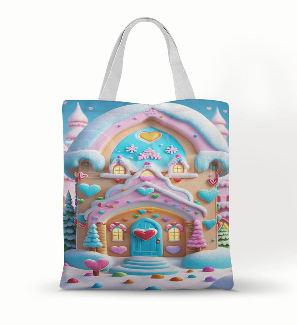 Ecobag personalizada Confeitaria: casa de doces e arco-íris, com alças.