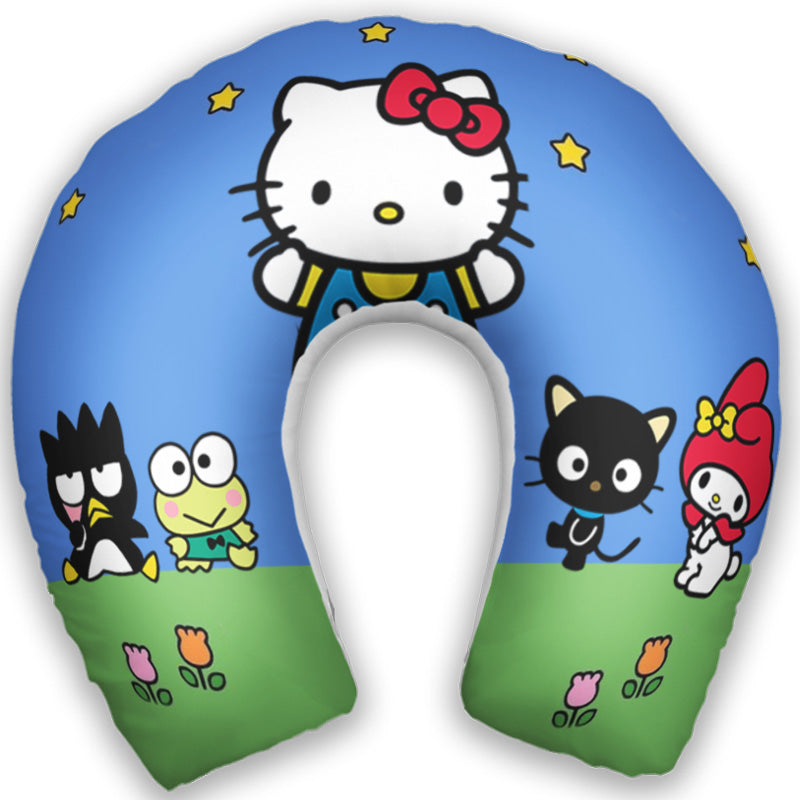 Kit infantil Hello Kitty: almofada de pescoço e máscara de dormir personalizadas, estampa azul.