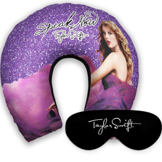 Kit infantil Taylor Swift: almofada de pescoço e máscara de dormir personalizadas, estampa lilás.
