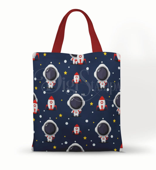 Ecobag personalizada Astronauta: azul com foguetes, com alças.