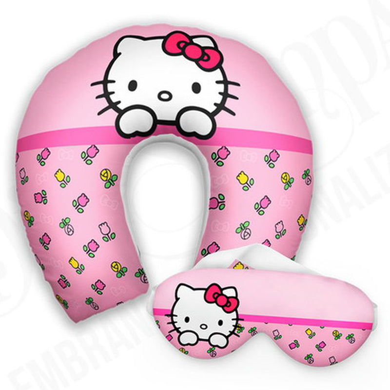 Kit infantil Hello Kitty: almofada de pescoço e máscara de dormir personalizadas, estampa listras.