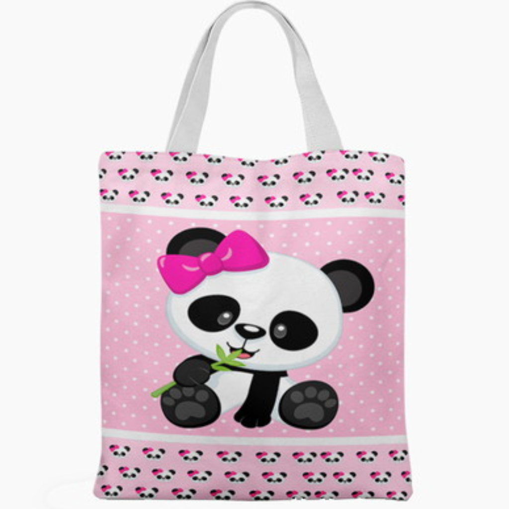 Ecobag personalizada Panda: rosa com poás e laço, com alças.
