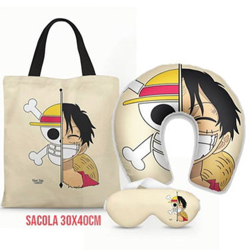 Kit One Piece personalizado: almofada de pescoço infantil, ecobag 36x42 cm e máscara de dormir, estampa listrado.