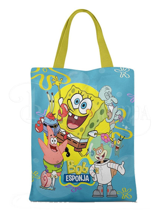 Ecobag personalizada Bob Esponja: azul com personagens, com alças.