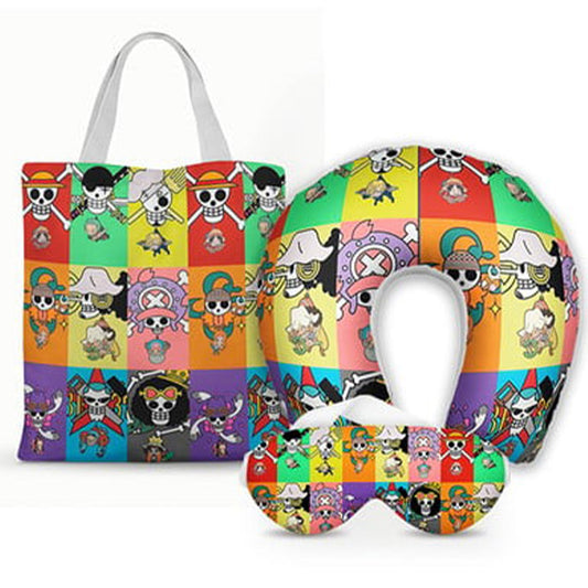 Kit One Piece personalizado: almofada de pescoço infantil, ecobag 36x42 cm e máscara de dormir, estampa colorido.