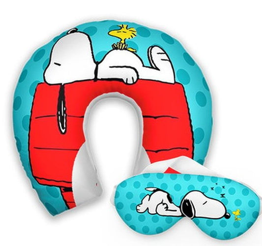 Kit infantil Snoopy: almofada de pescoço e máscara de dormir personalizadas, estampa azul.