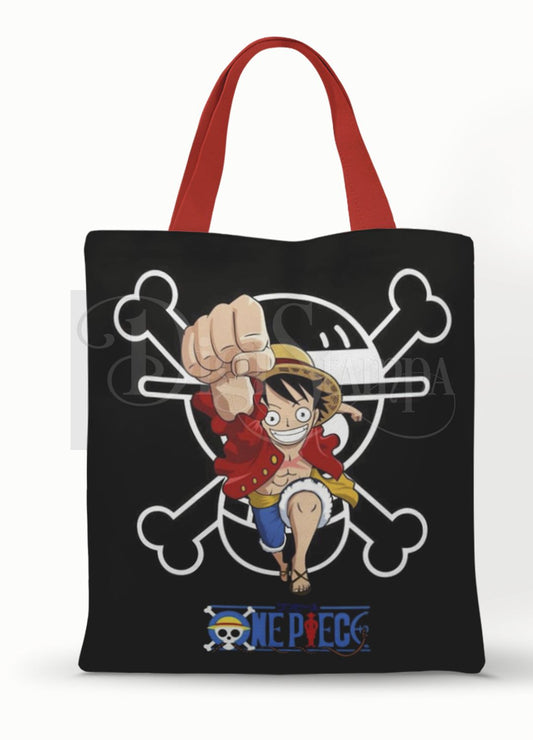 Ecobag personalizada One Piece: preta com luffy e caveira, com alças.