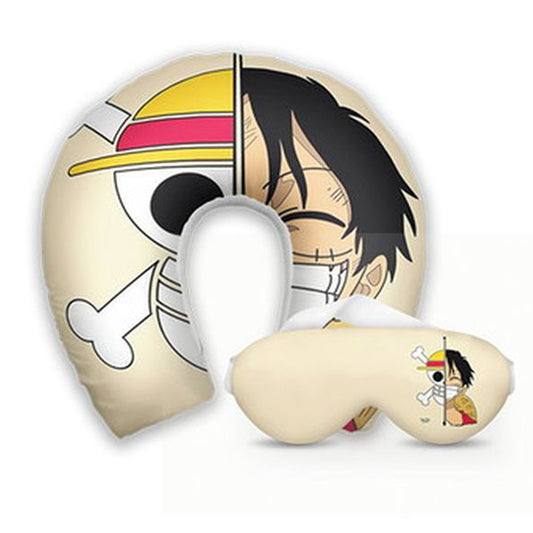 Kit infantil One Piece: almofada de pescoço e máscara de dormir personalizadas, estampa bege.