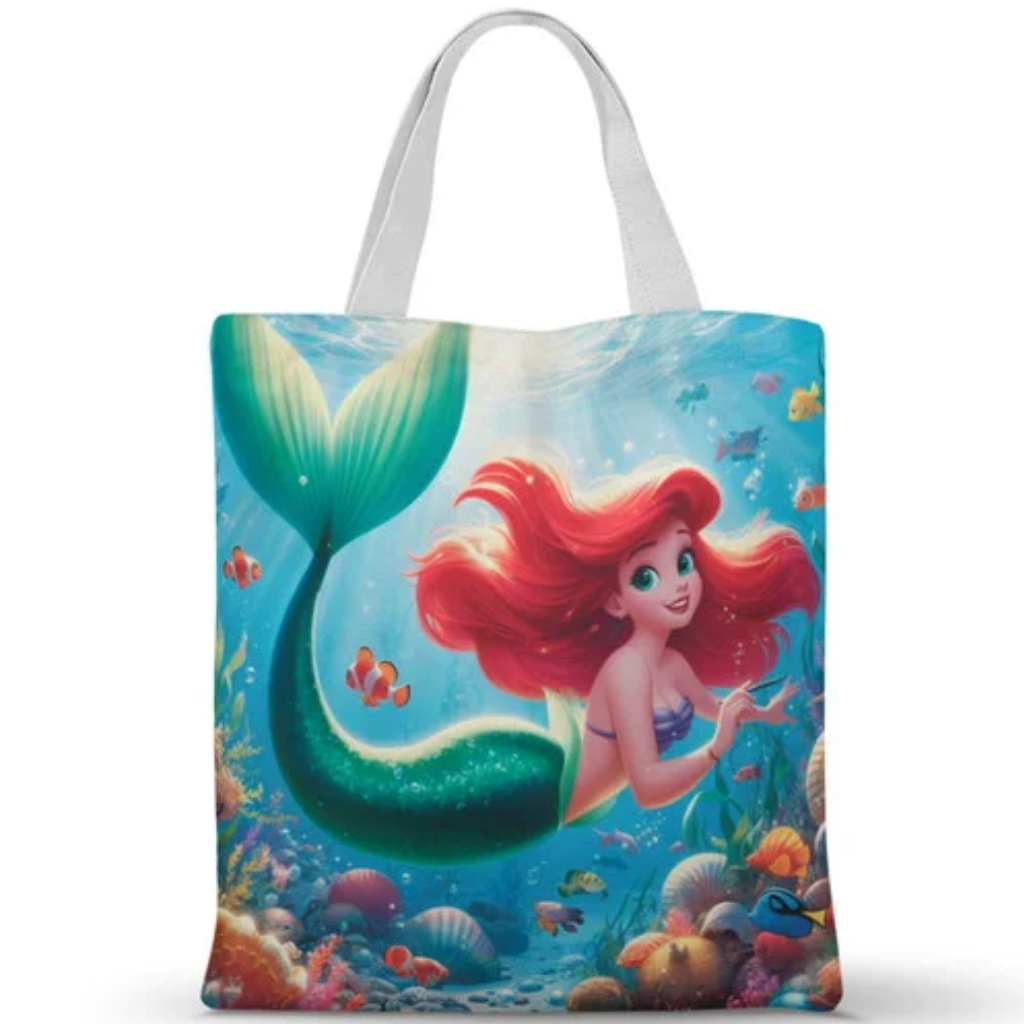 Ecobag personalizada Ariel: azul com peixes e corais, com alças.