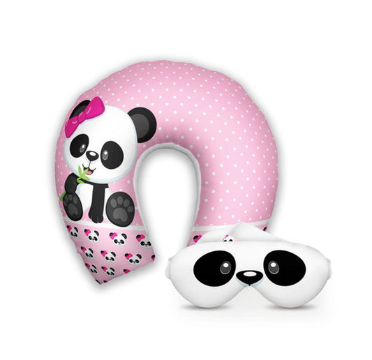 Kit infantil Panda: almofada de pescoço e máscara de dormir personalizadas, estampa poás rosa.