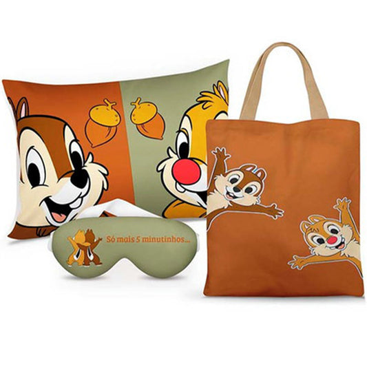 Kit Tico e Teco personalizado: almofada 20x30 cm, ecobag 25x32 cm e máscara de dormir, estampa marrom.