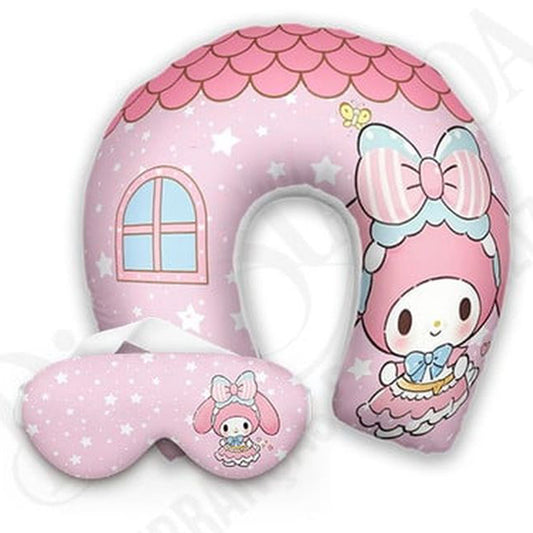 Kit infantil My Melody: almofada de pescoço e máscara de dormir personalizadas, estampa rosa.