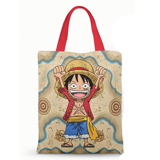 Ecobag personalizada One Piece: bege com mapa e luffy, com alças.