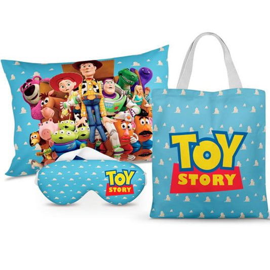 Kit Toy Story personalizado: almofada 20x30 cm, ecobag 25x32 cm e máscara de dormir, estampa poás azul.