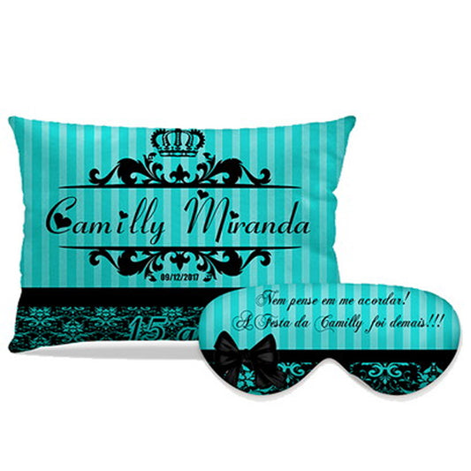 Kit 15 Anos personalizado: almofada retangular e máscara de dormir, estampa listras turquesa.