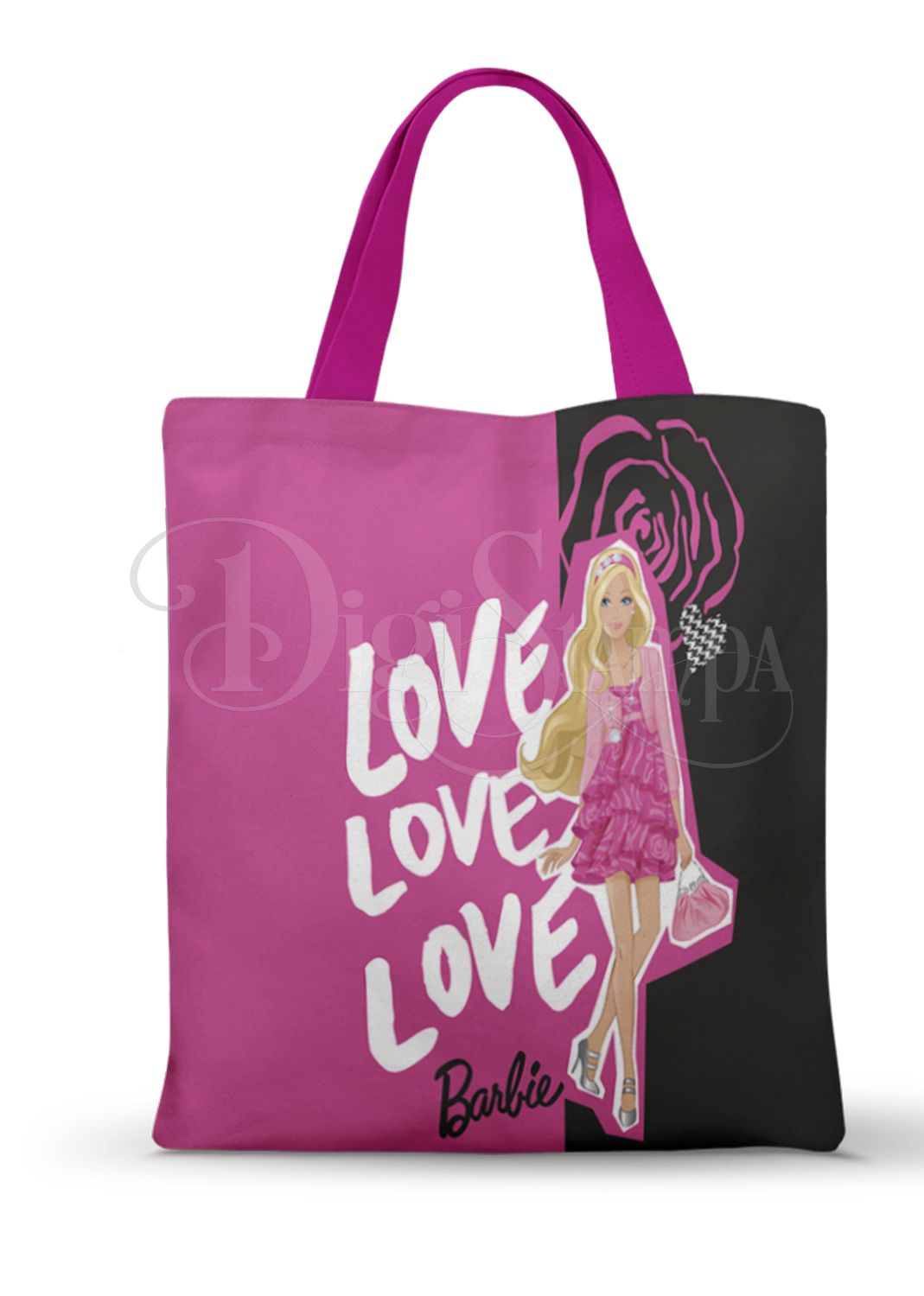 Ecobag personalizada Barbie: rosa e preta com escritas, com alças.