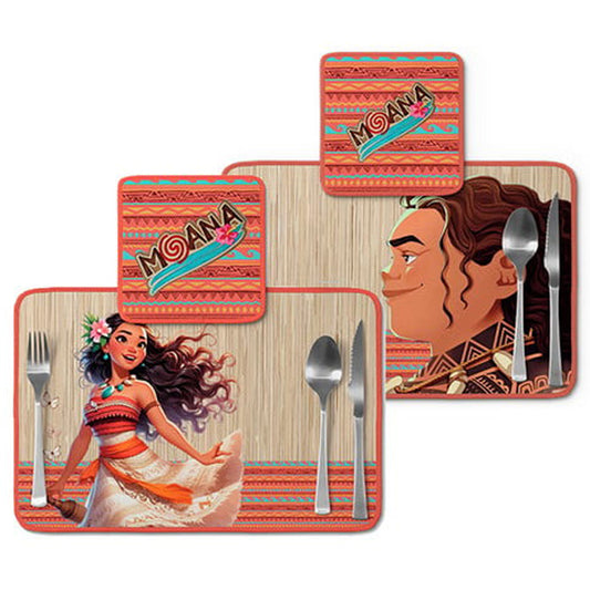 Jogo americano Moana, vermelho com maui, com porta-prato e porta-copo.