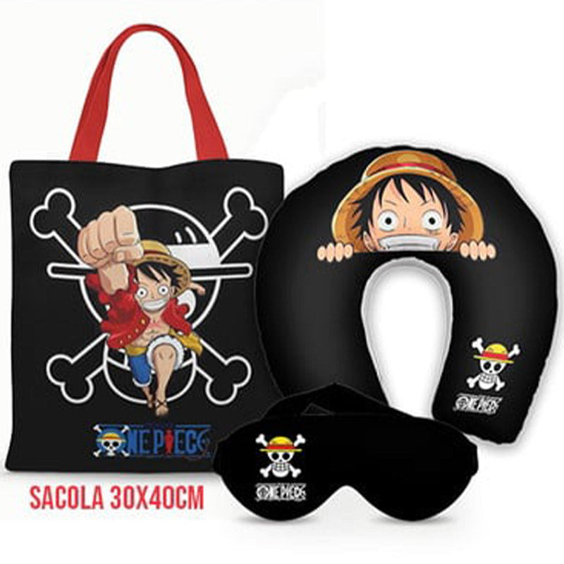 Kit One Piece personalizado: almofada de pescoço infantil, ecobag 36x42 cm e máscara de dormir, estampa preto.