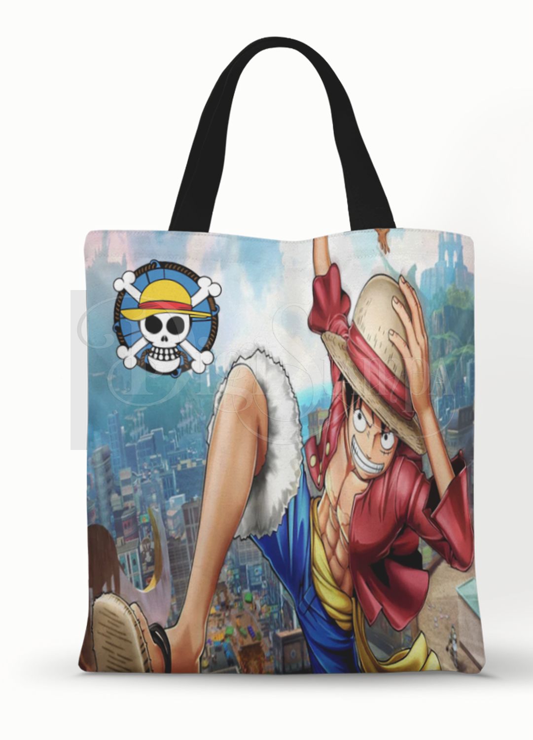 Ecobag personalizada One Piece: azul com luffy, com alças.