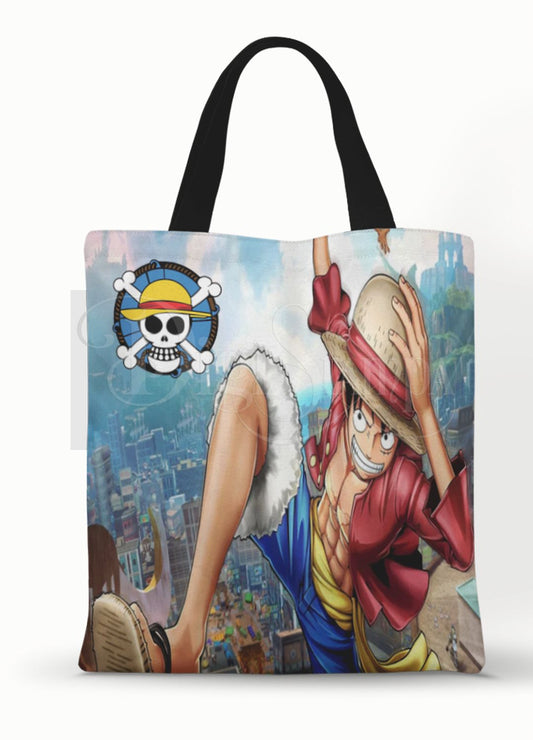 Ecobag personalizada One Piece: azul com luffy, com alças.